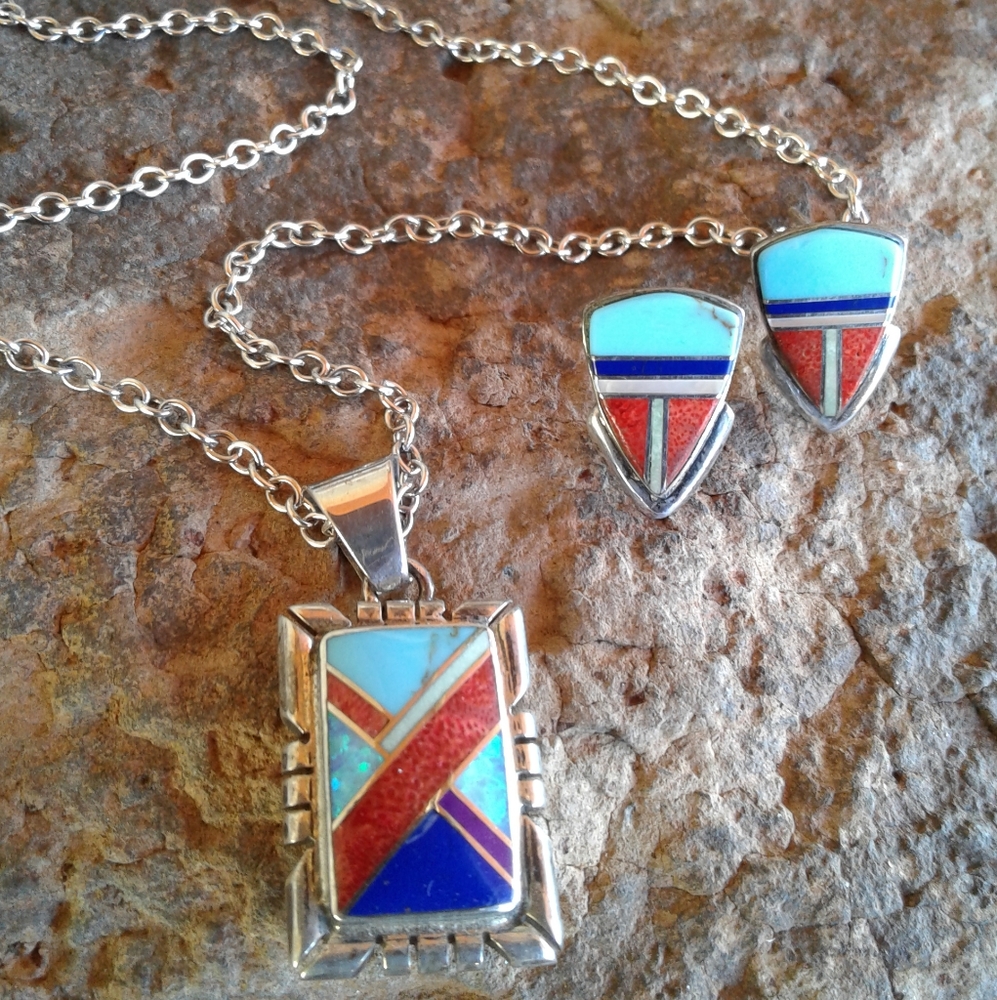 Sterling Silver Multi Inlay Necklace Set